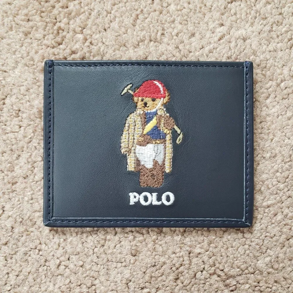 NWT Polo Ralph Lauren Golf Polo Bear Newport Navy Leather Card Case Embroidered